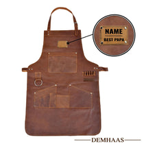 Gepersonaliseerd echt lederen schort met naam, logogravure, BBQ grillschort, kookschort bruin
