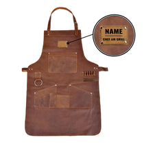 Gepersonaliseerd echt lederen schort met naam, logogravure, BBQ grillschort, kookschort bruin