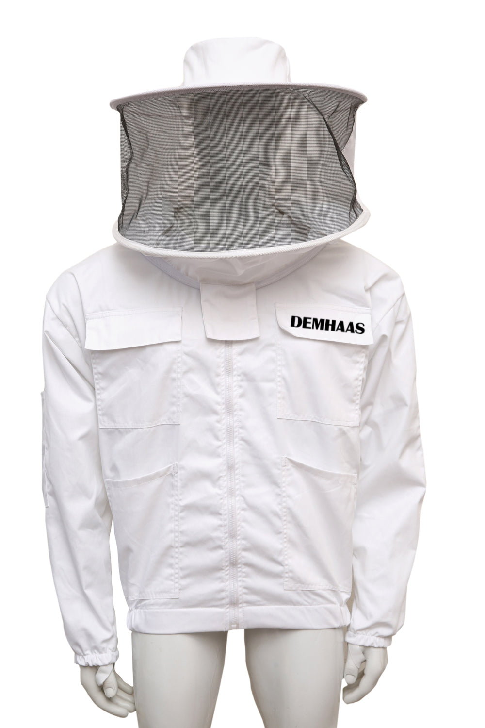 Vorderansicht der bequemen Imkerjacke mit Hut – geeignet für Damen und Herren, mit durchgehendem Reißverschluss.