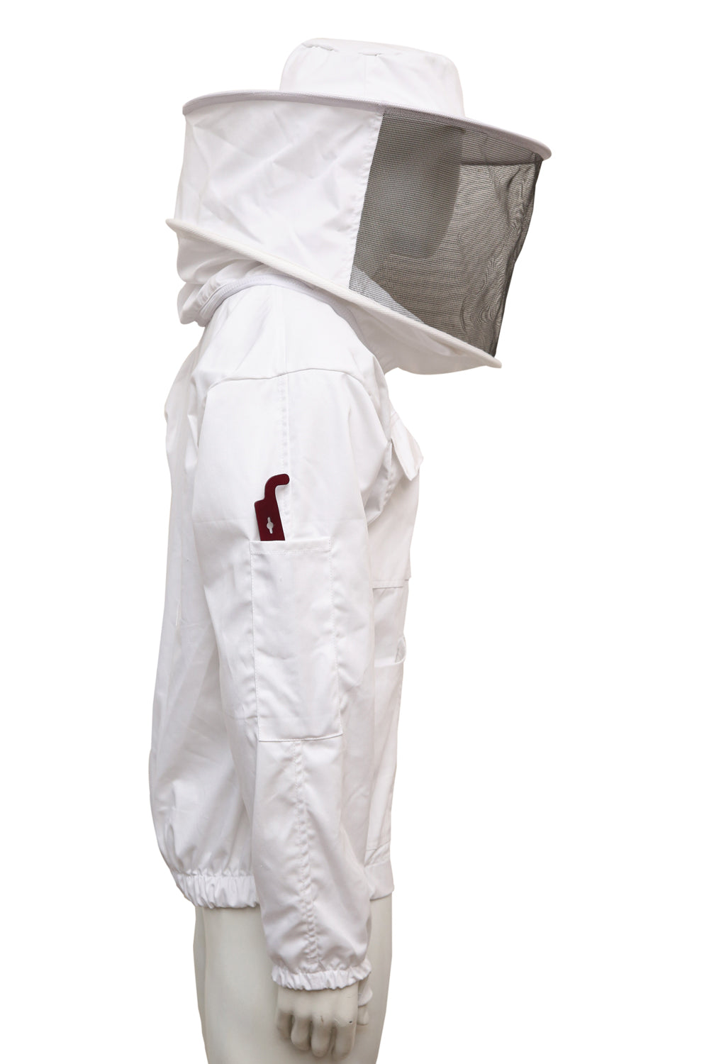 Seitenansicht der Imkerjacke für Erwachsene – leichter, stichfester Stoff mit freiem Blick auf den Schleierhut.
