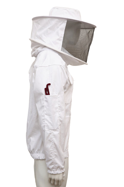 Seitenansicht der Imkerjacke für Erwachsene – leichter, stichfester Stoff mit freiem Blick auf den Schleierhut.