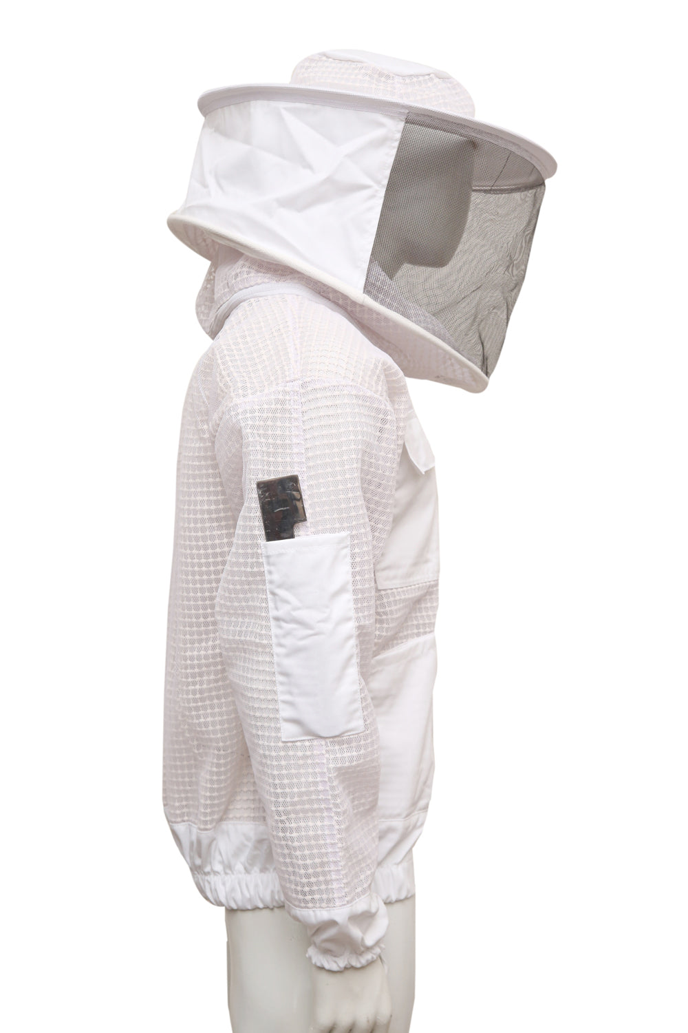 Seitenansicht der bequemen Imkerjacke mit Hut – stichfestes Mesh und gute Bewegungsfreiheit.