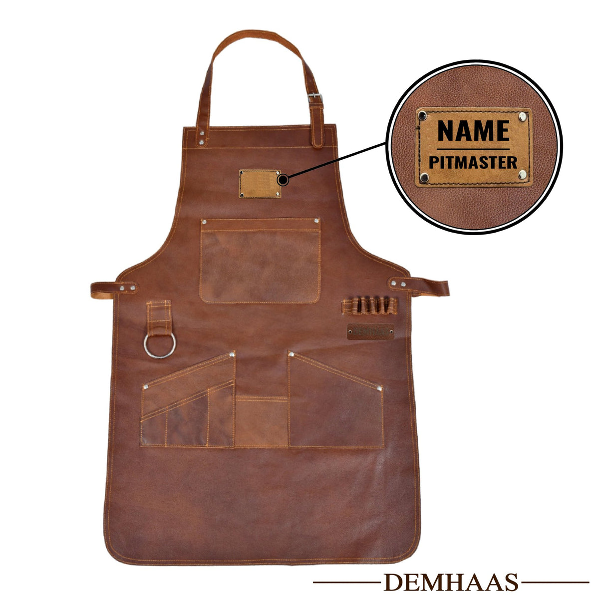Gepersonaliseerd echt lederen schort met naam, logogravure, BBQ grillschort, kookschort bruin